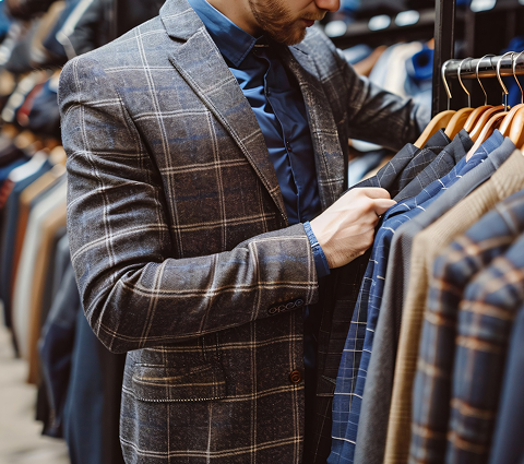 Man in a plaid blazer examines a row of suits on hangers
