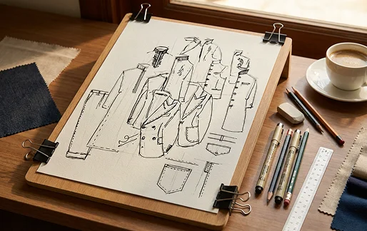 Fashion design sketch on a wooden clipboard shows various jacket styles