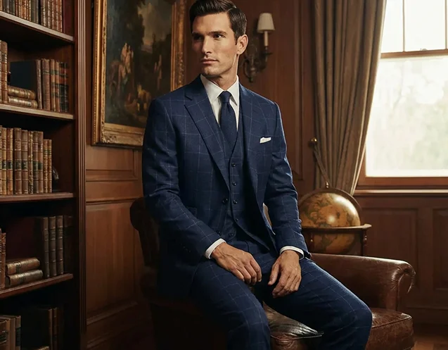 Man in a classic blue checkered suit