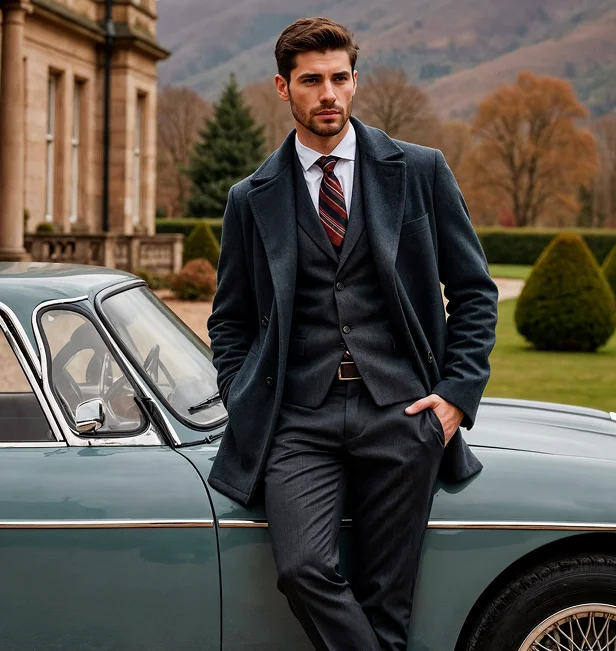 Man in a formal suit leans against a vintage car