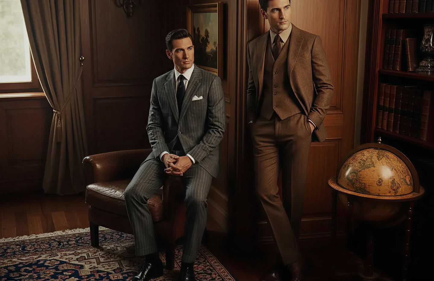 Two men in suits, one seated and one standing.