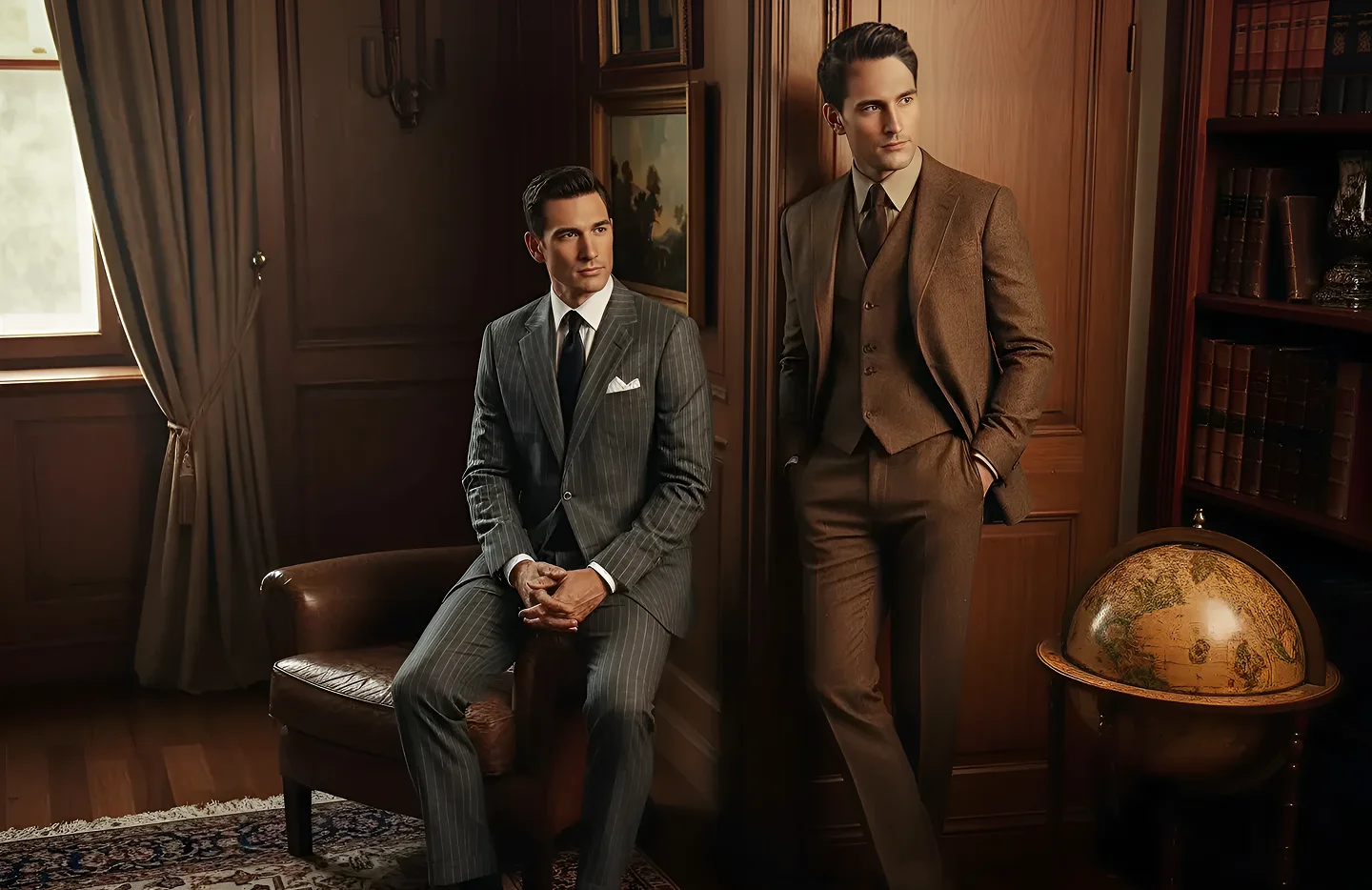 Two men in suits, one seated and one standing.