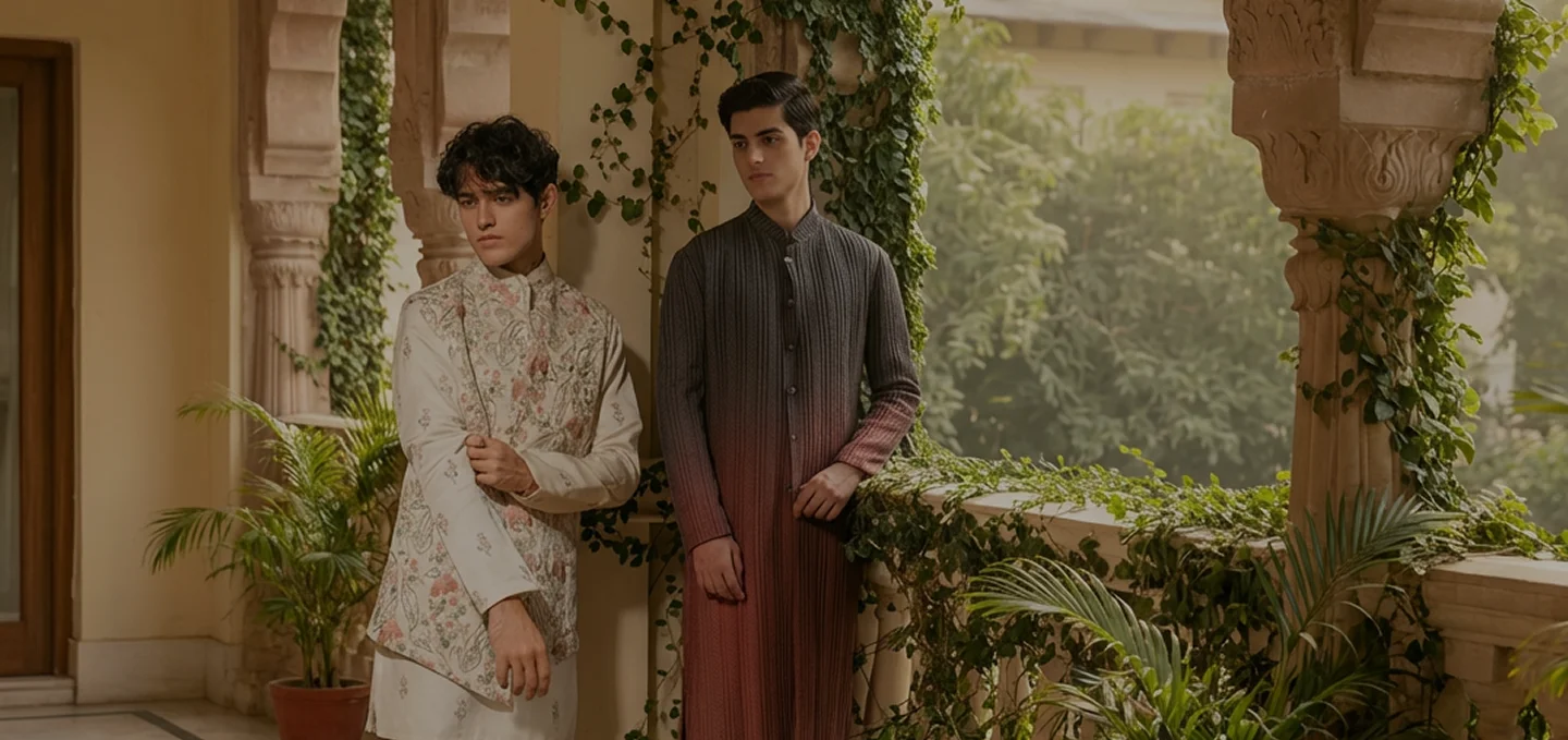 Two men standing on a balcony wearing traditional attire